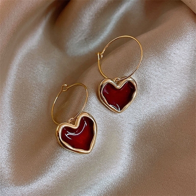 18K Gold Red Enamel Heart Shaped Dangle Hoop Earrings