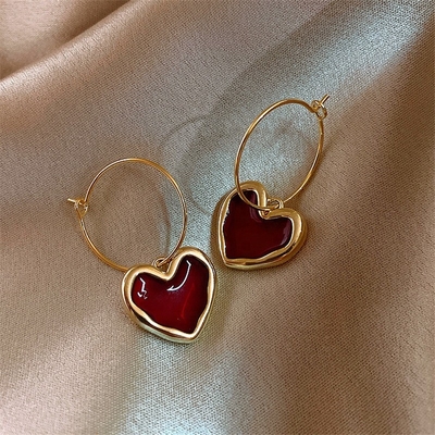 18K Gold Red Enamel Heart Shaped Dangle Hoop Earrings