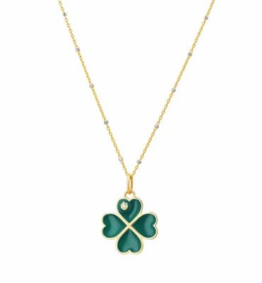 Emerald Enamel Clover Girls Pendant Jewelry Lucky 18K Gold Plated 925 Sterling Silver