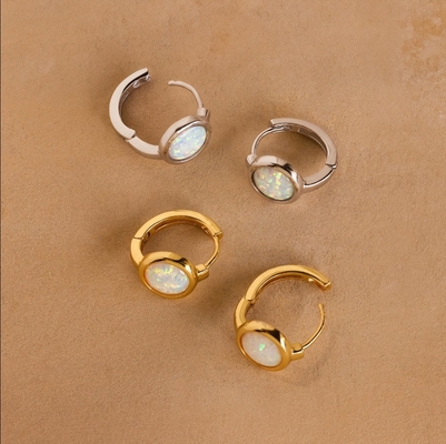 925 Sterling Silver 18K Gold Opal Signet Huggies Earrings For Women Fine Jewelry