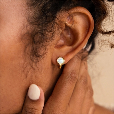 925 Sterling Silver 18K Gold Opal Signet Huggies Earrings For Women Fine Jewelry
