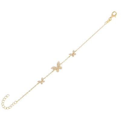 14K ゴールド トリプルバタフライチェーン ブレスレット クリア CZ シルバーチェーン ブレスレット 925