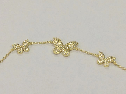 14K ゴールド トリプルバタフライチェーン ブレスレット クリア CZ シルバーチェーン ブレスレット 925