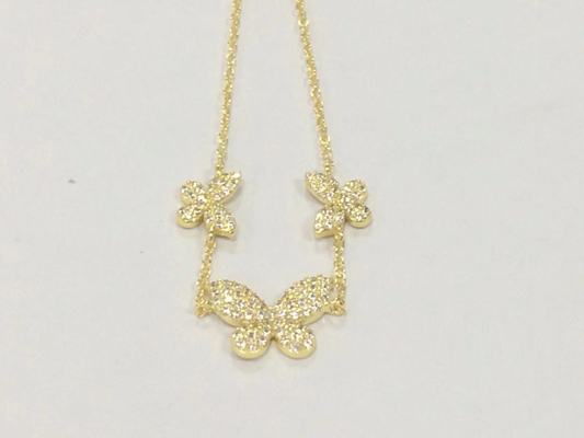 14K ゴールド トリプルバタフライチェーン ブレスレット クリア CZ シルバーチェーン ブレスレット 925