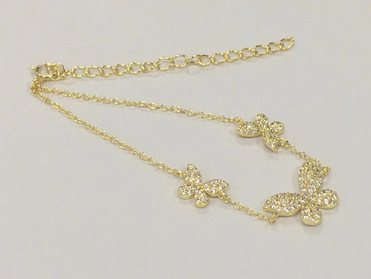 14K ゴールド トリプルバタフライチェーン ブレスレット クリア CZ シルバーチェーン ブレスレット 925