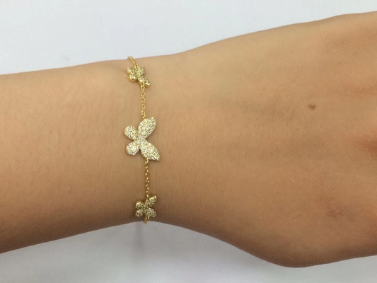 14K ゴールド トリプルバタフライチェーン ブレスレット クリア CZ シルバーチェーン ブレスレット 925