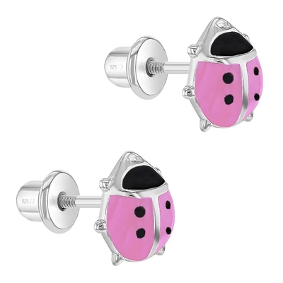 925 Sterling Silver 8mm Pink and Black Enamel Ladybug Stud Earrings for Baby Girls with Screw Back