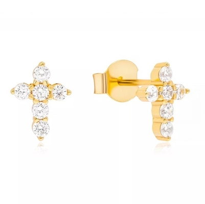 18K 金色 女の子用 925 スターリング シルバーのミクロン パブ クロス スタッド イヤリング