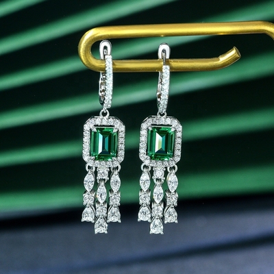 本物のスターリングシルバー 925 グリーン バゲット CZ ダイヤモンド ロングフープ イヤリング ユニセックスウェア