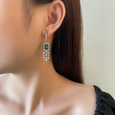 本物のスターリングシルバー 925 グリーン バゲット CZ ダイヤモンド ロングフープ イヤリング ユニセックスウェア