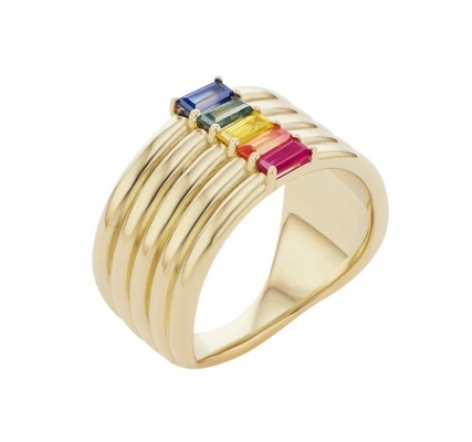 18K 金彩虹 バゲットカット CZ マルチ ファッション 925 ステルリング シルバー 女性指輪
