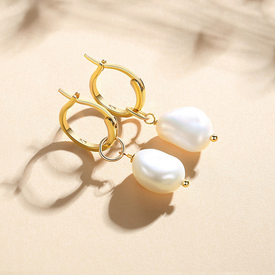 925 スターリング シルバー 18K ゴールド プレート 淡水 パール フープ イヤリング 女性 流行 スタイル
