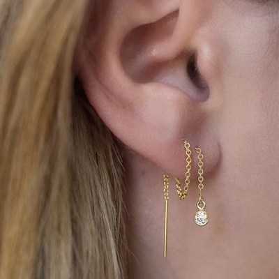 925 スターリングシルバー シンプル 18K ゴールドプラテッド 女性用ベーゼルドロップチェーンのスレッドヤー イヤリング