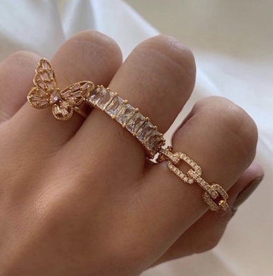 925 スターリング シルバー カーブリンク チェーン リング 18K 女性 キュービック ジルコニア リング