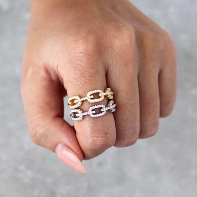925 スターリング シルバー カーブリンク チェーン リング 18K 女性 キュービック ジルコニア リング