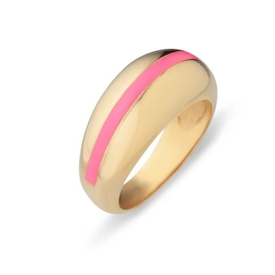 卸売 18K 金色 ストライプ ピンク エナメルドーム 925 ステルリング シルバー 女性の指輪