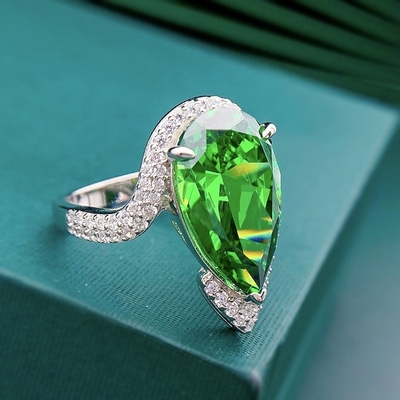 豪華 エメラルド CZ ダイヤモンドリング リアル 925 ステルリング シルバー 女性用 手作り 宝石
