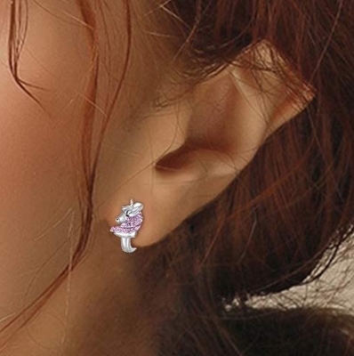 925スターリングシルバーユニコーンハギーイヤリング 16mm ピンクCZ キッズ用