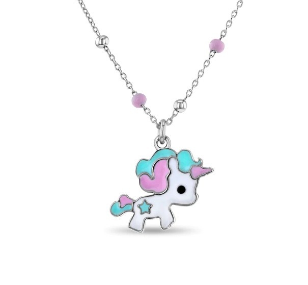 子供用エナメル ユニコーンペンダント ネックレス 925 ステルリング シルバー 白金