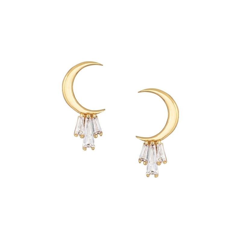 18K ゴールド 925 ステルリング シルバー バゲット 女性用 月のスタッド イヤリング AAA CZ ストーン