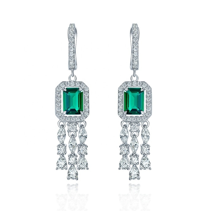 本物のスターリングシルバー 925 グリーン バゲット CZ ダイヤモンド ロングフープ イヤリング ユニセックスウェア