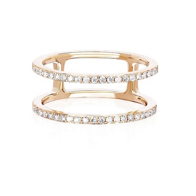ホワイト CZ ダブル ライン 積み立てられるリング ゴールド 18K プラテッド リアル 925 スターリング シルバー クリスタル キュービック ジルコーン 宝石