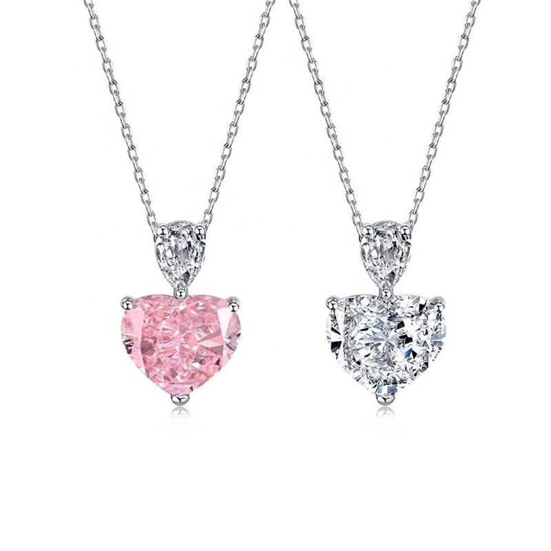 S925 女性用 ステルリングシルバー ネックレス ピンク ハート ホワイト ドロップ ペア CZ ペンダント コラーボーンチェーン