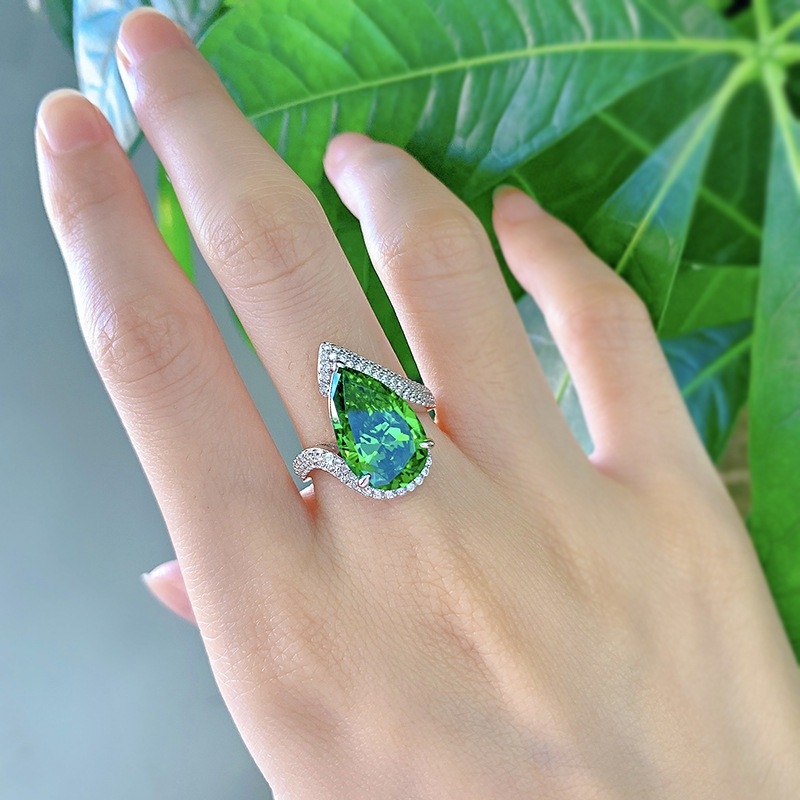 豪華 エメラルド CZ ダイヤモンドリング リアル 925 ステルリング シルバー 女性用 手作り 宝石