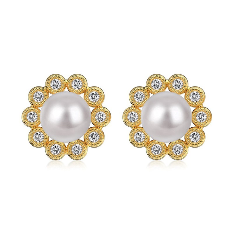 925 Sterling Silver Flower Design Earrings with Micro-Inset Zircon and 14K Gold Plated Korean Style Stud Earrings