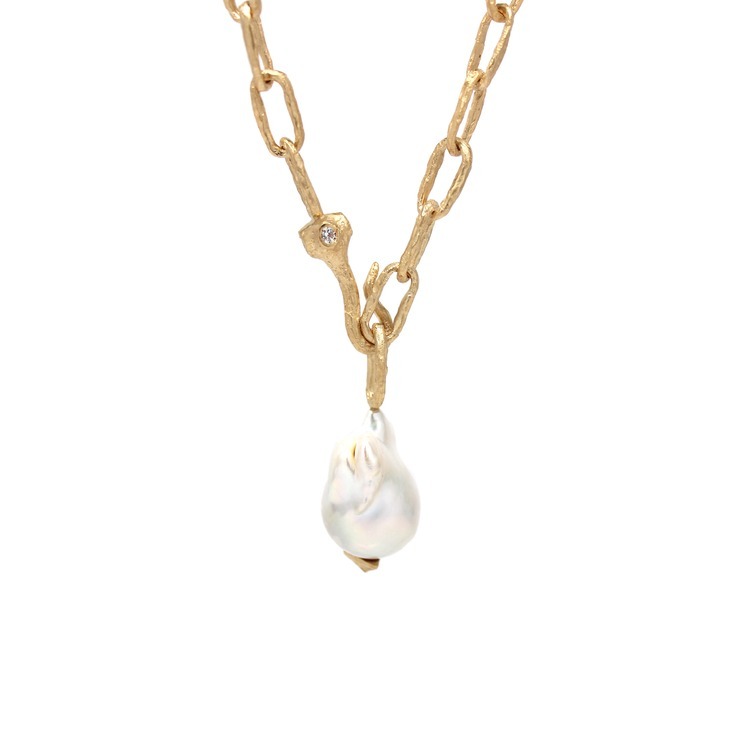 18K Gold Plated Natural Freshwater Baroque Pearl Necklace with Chunky Chain and CZ