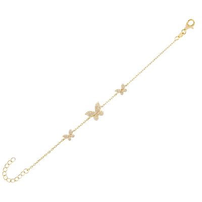 14K ゴールド トリプルバタフライチェーン ブレスレット クリア CZ シルバーチェーン ブレスレット 925