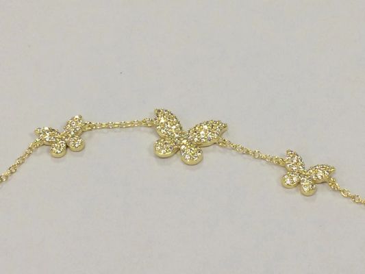 14K ゴールド トリプルバタフライチェーン ブレスレット クリア CZ シルバーチェーン ブレスレット 925