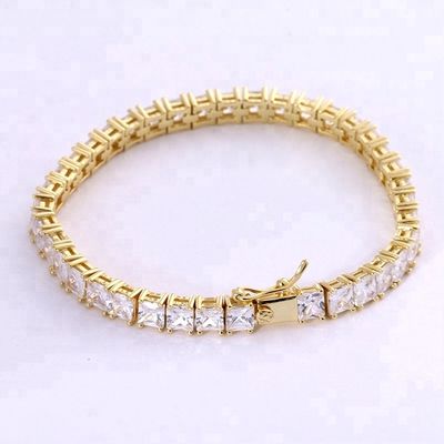 ユニセックス 手作り 18K ゴールド ヒップホップ 氷色の四角切断 ダイヤモンド CZ 925 スターリング シルバー スタッキング テニス ブレスレット