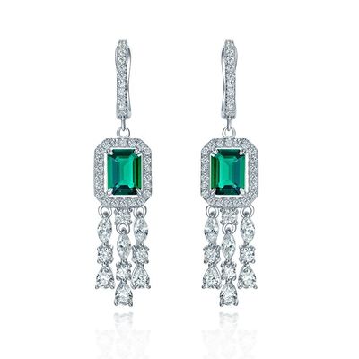 本物のスターリングシルバー 925 グリーン バゲット CZ ダイヤモンド ロングフープ イヤリング ユニセックスウェア