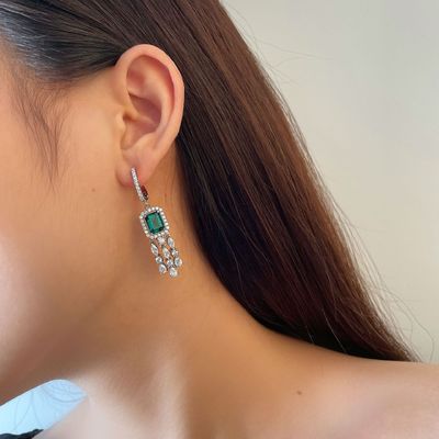 本物のスターリングシルバー 925 グリーン バゲット CZ ダイヤモンド ロングフープ イヤリング ユニセックスウェア