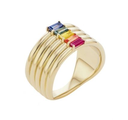 18K 金彩虹 バゲットカット CZ マルチ ファッション 925 ステルリング シルバー 女性指輪