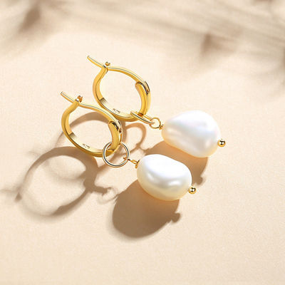 925 スターリング シルバー 18K ゴールド プレート 淡水 パール フープ イヤリング 女性 流行 スタイル