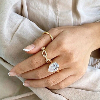 925 スターリング シルバー カーブリンク チェーン リング 18K 女性 キュービック ジルコニア リング