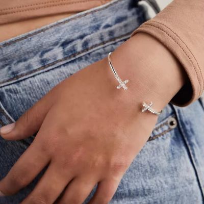 石灰製 嵌入板 結晶 ジルコン 925 純銀 ブレスレット クロス マンチェット 18K ゴールド ブレスレット