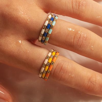 手作り キューブ 積み立てられる指輪 18K 金 925 ステルリング シルバー 白 エナメル キュービック ジルコニア ミニマリスト ジュエリー 女性用 ギフト