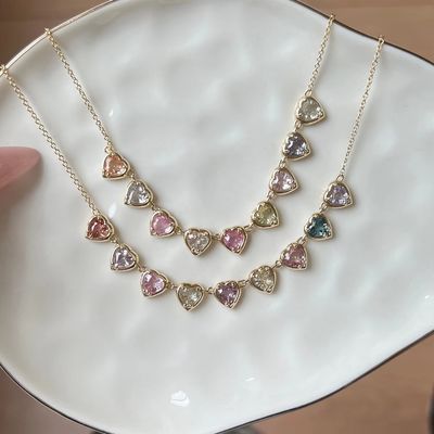 金メッキ手作りハート型サファイア＆キュービックジルコニアストランドネックレス エレガントパーティー用女性ジュエリー