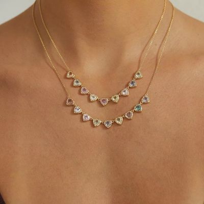 金メッキ手作りハート型サファイア＆キュービックジルコニアストランドネックレス エレガントパーティー用女性ジュエリー