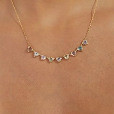 金メッキ手作りハート型サファイア＆キュービックジルコニアストランドネックレス エレガントパーティー用女性ジュエリー
