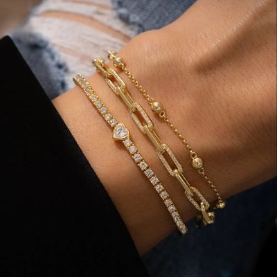 925スターリングシルバー14Kゴールドメッキハートテニスブレスレット、ジルコン付き