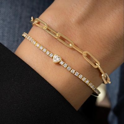 925スターリングシルバー14Kゴールドメッキハートテニスブレスレット、ジルコン付き