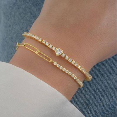 925スターリングシルバー14Kゴールドメッキハートテニスブレスレット、ジルコン付き