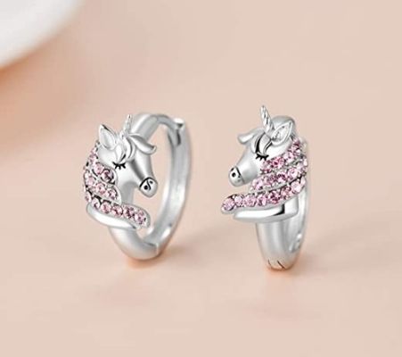 925スターリングシルバーユニコーンハギーイヤリング 16mm ピンクCZ キッズ用