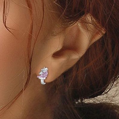 925スターリングシルバーユニコーンハギーイヤリング 16mm ピンクCZ キッズ用