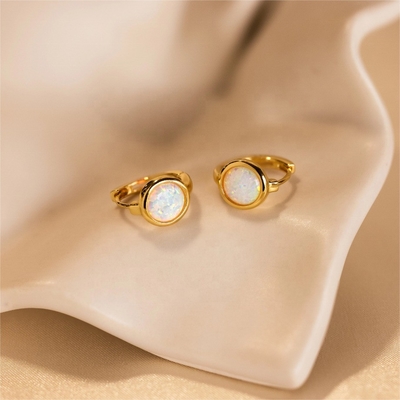 925 Sterling Silver 18K Gold Opal Signet Huggies Earrings For Women Fine Jewelry